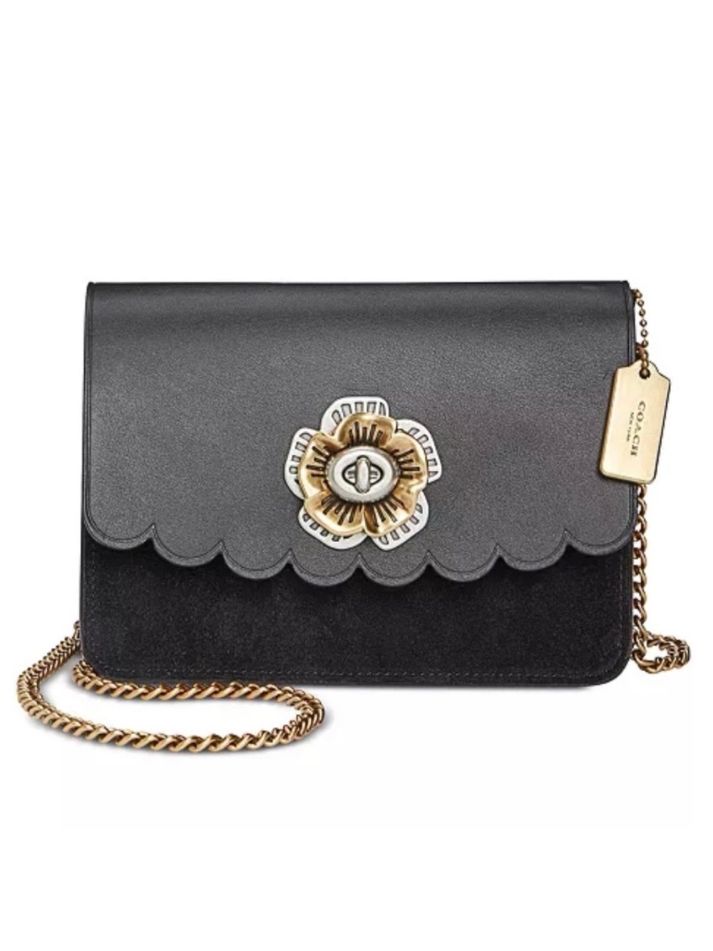 Coach Bowery Mini Black Scalloped Floral-Accent Crossbody with Gold Chain